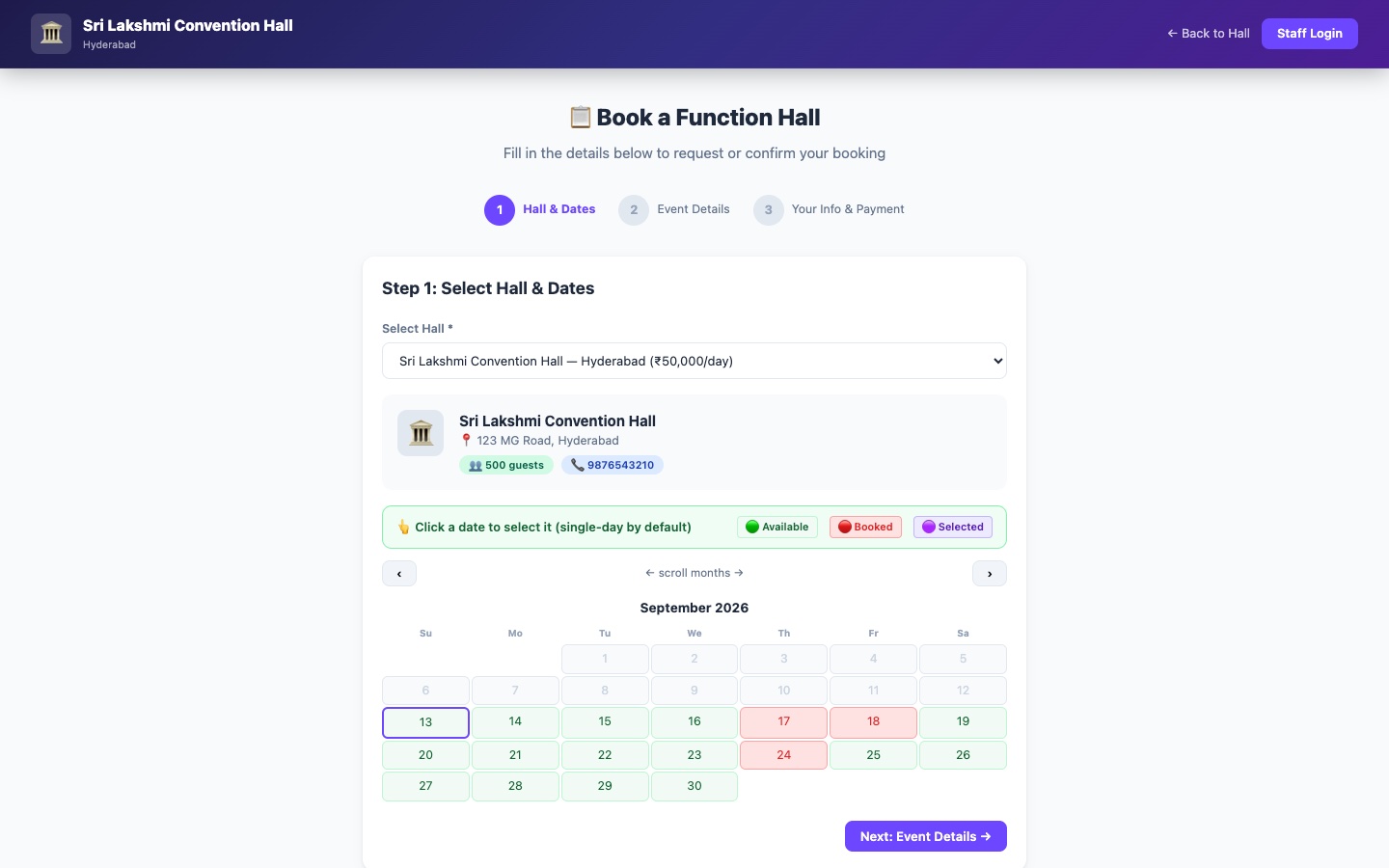 BookingManager public booking page — a guest selects a hall and date on a live availability calendar, no login required