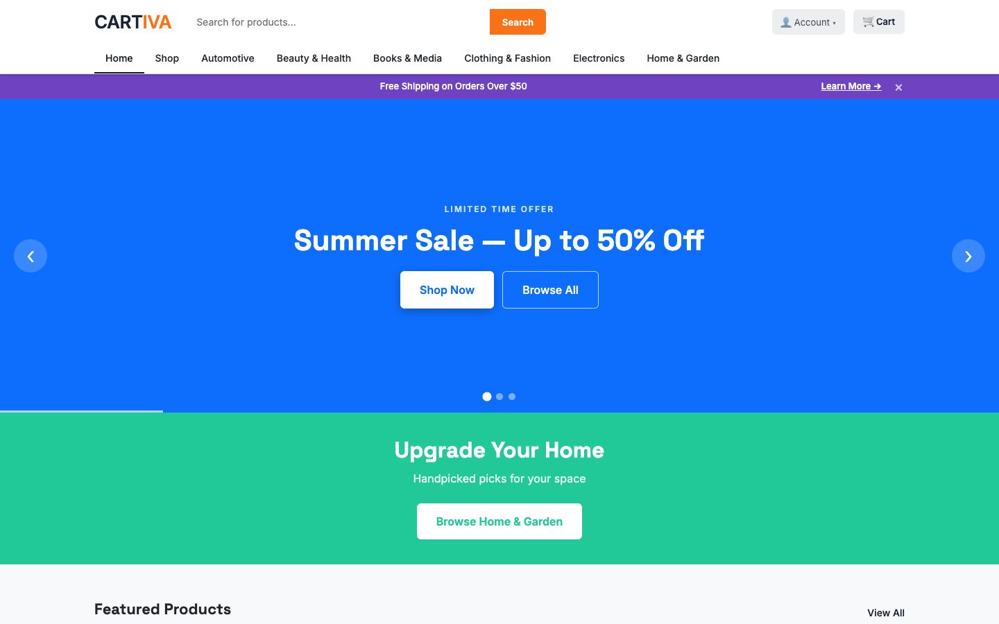 CARTIVA storefront home page with a hero banner slider, promotional category strip, and featured products grid